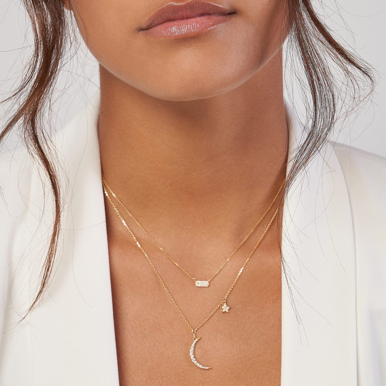 Adjustable 14K Diamond Moon with Star Dangle Necklace