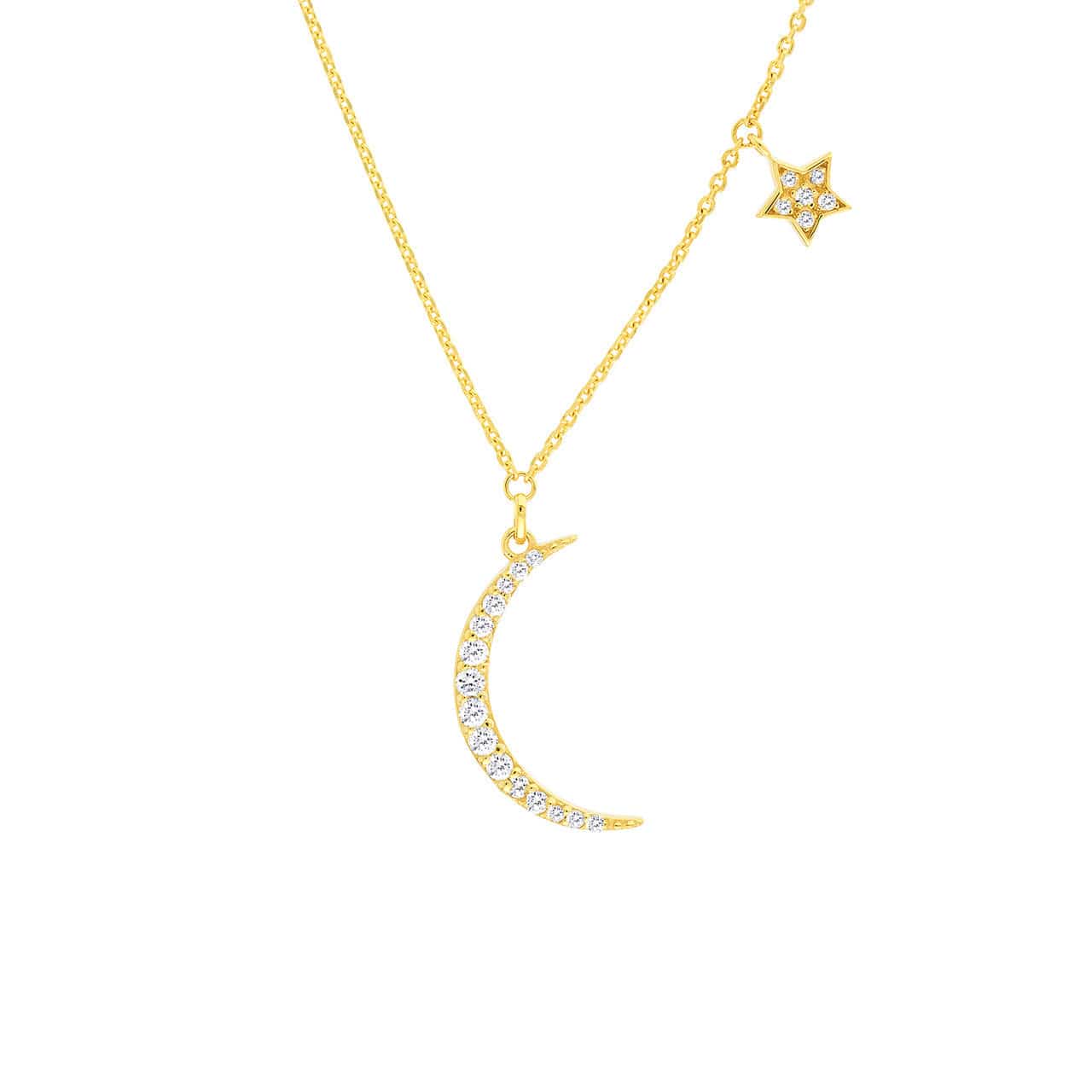 Adjustable 14K Diamond Moon with Star Dangle Necklace