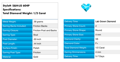 14K Gold 1/2 Carat T.D.W Lab-Created Diamond Stud Earrings VS Clarity F Color