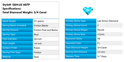 14K Gold 3/4 Carat T.D.W Lab-Created Diamond Stud Earrings VS Clarity F Color