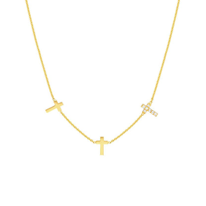 Necklace 14K YELLOW GOLD 14K Triple Cross with Diamond Necklace