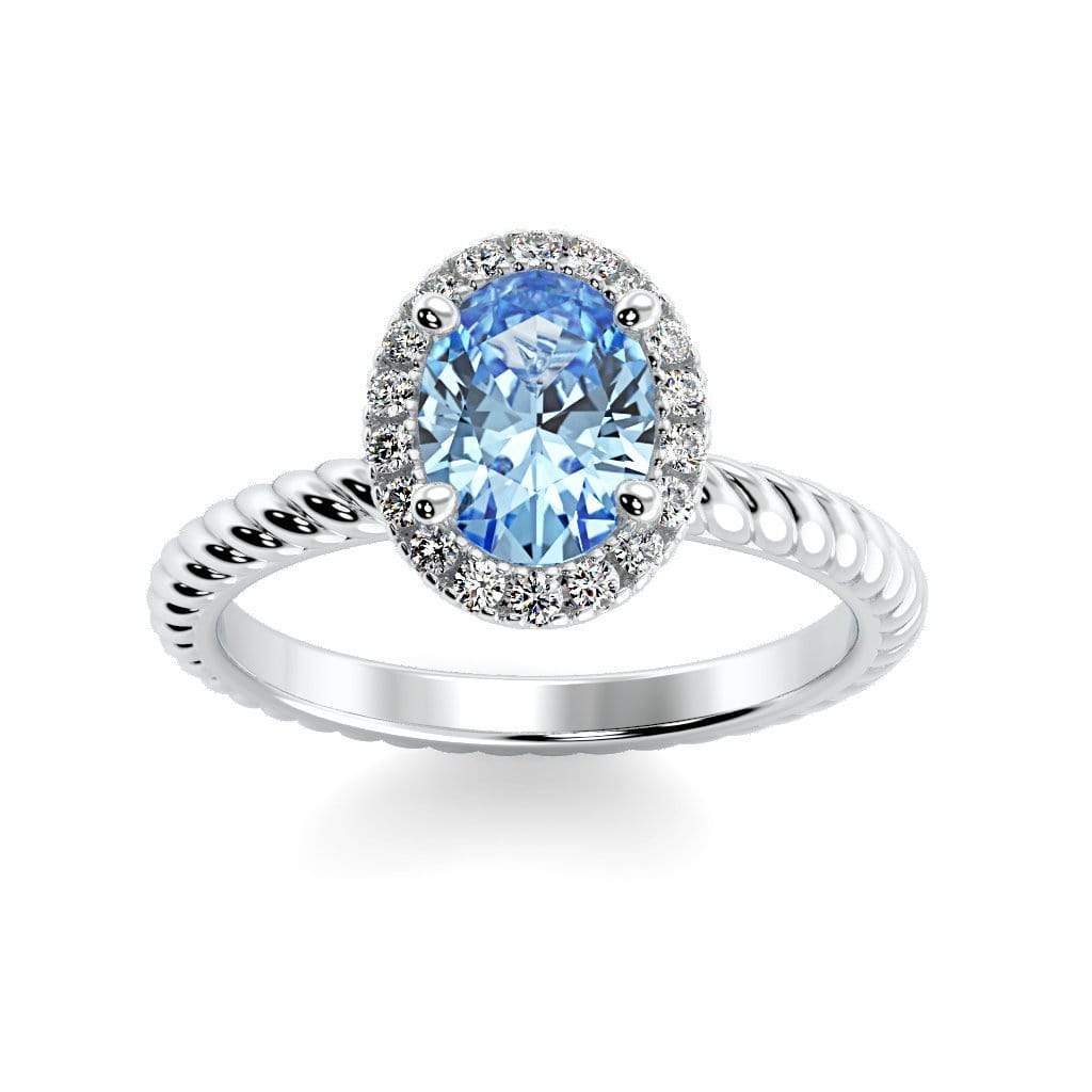 Diana Oval Chatham Aqua Blue Spinel Halo Diamond Ring