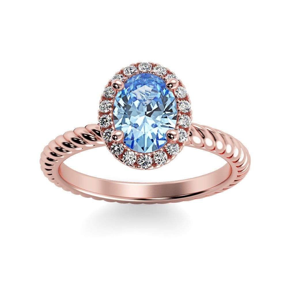 Diana Oval Chatham Aqua Blue Spinel Halo Diamond Ring