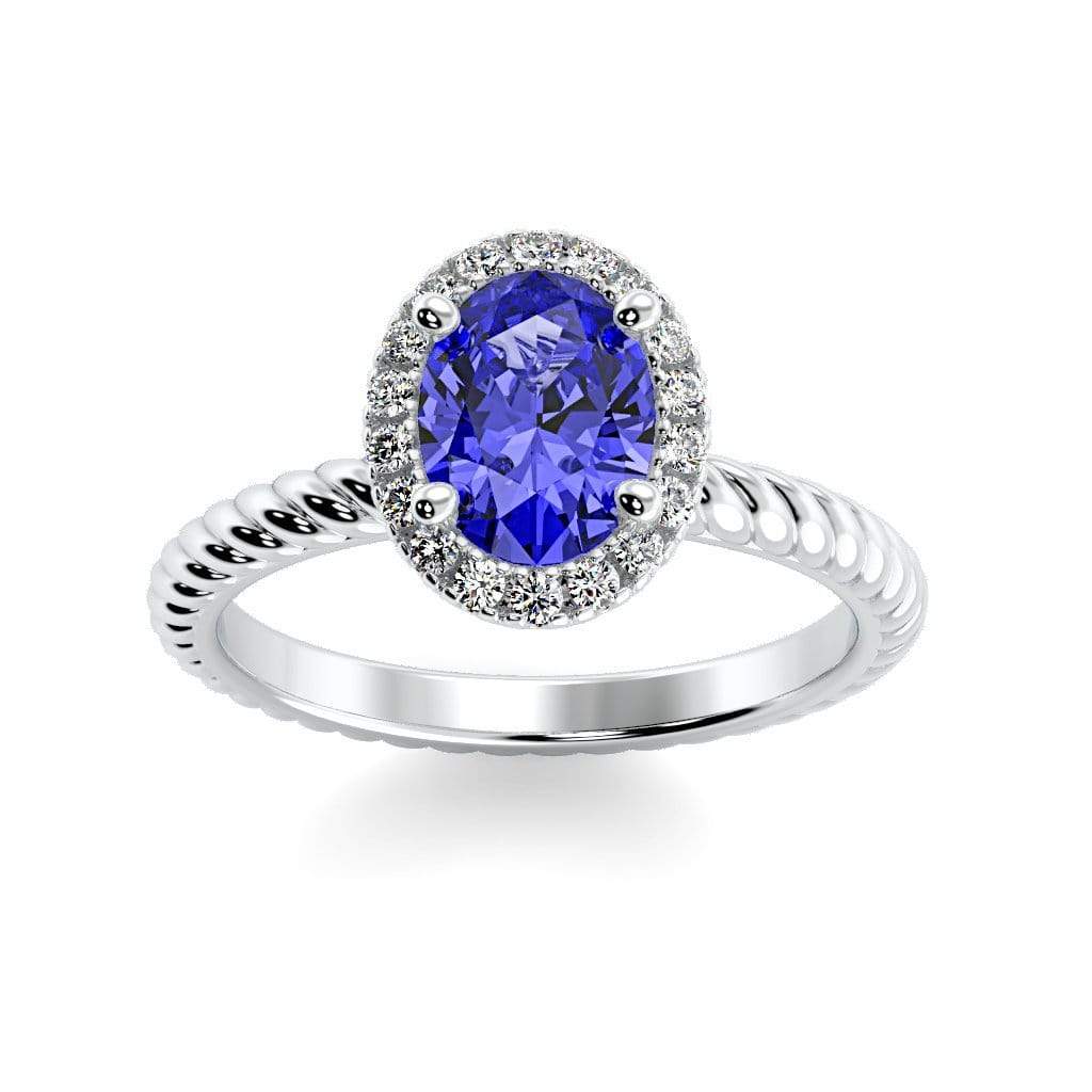 Diana Oval Chatham Blue Sapphire Halo Diamond Ring
