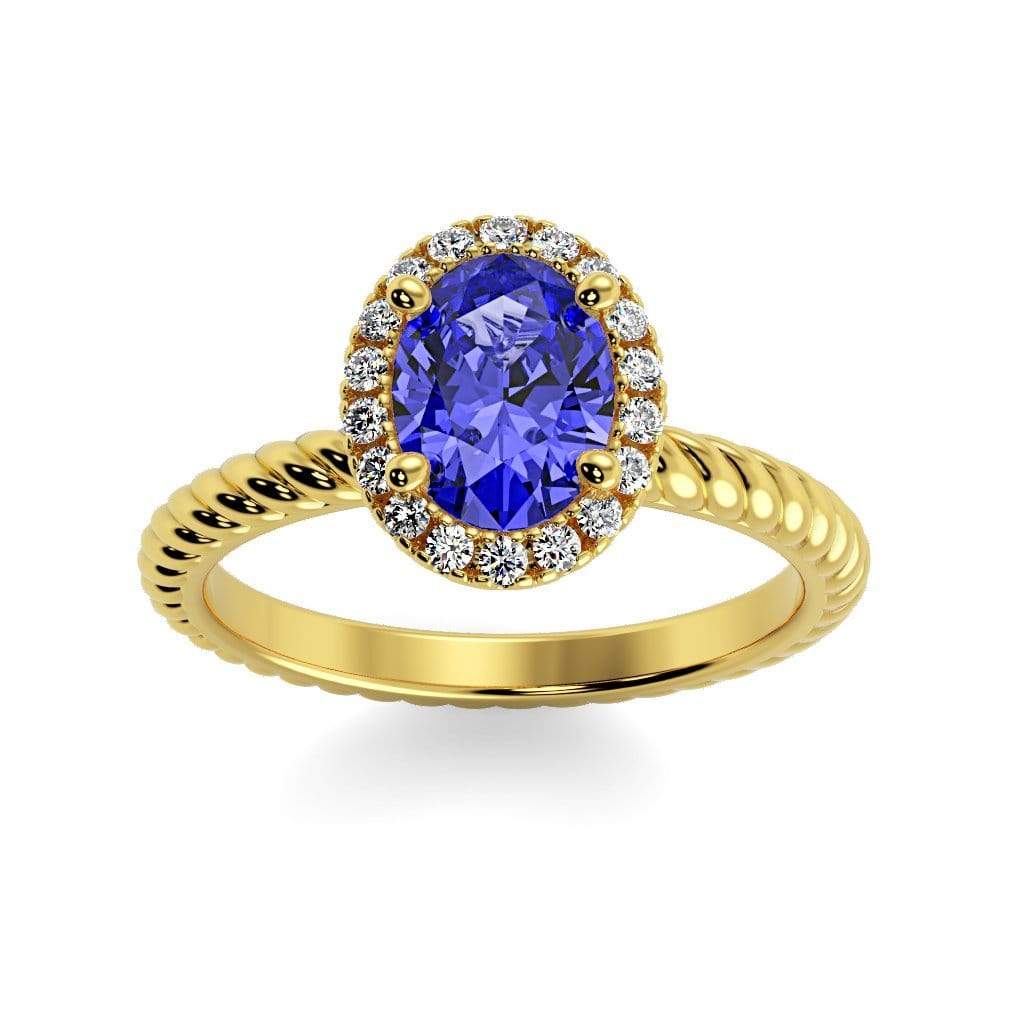 Diana Oval Chatham Blue Sapphire Halo Diamond Ring