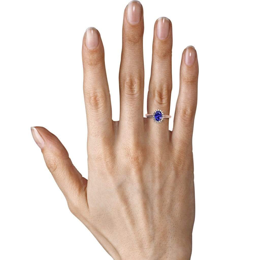 Diana Oval Chatham Blue Sapphire Halo Diamond Ring