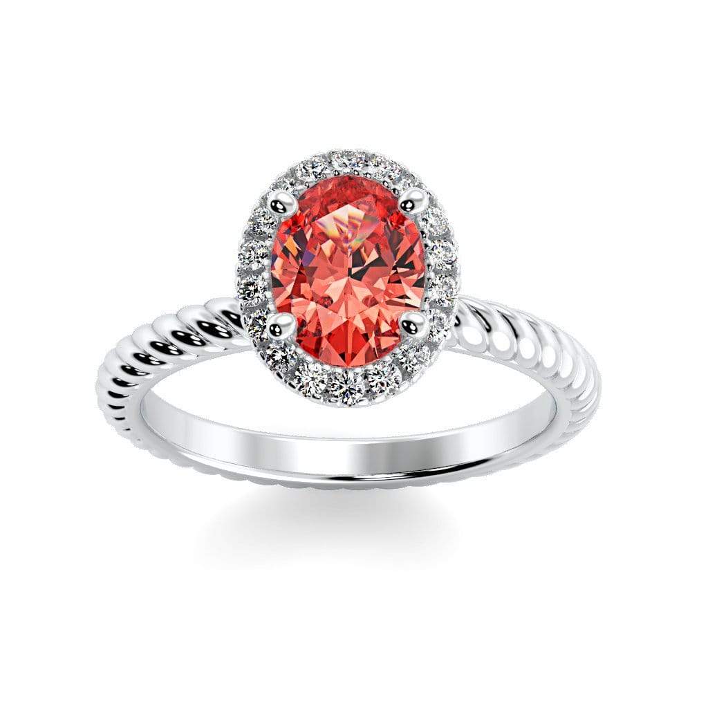 Diana Oval Chatham Padparadscha Sapphire Halo Diamond Ring
