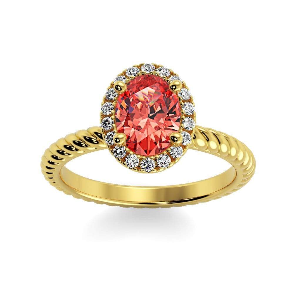 Diana Oval Chatham Padparadscha Sapphire Halo Diamond Ring
