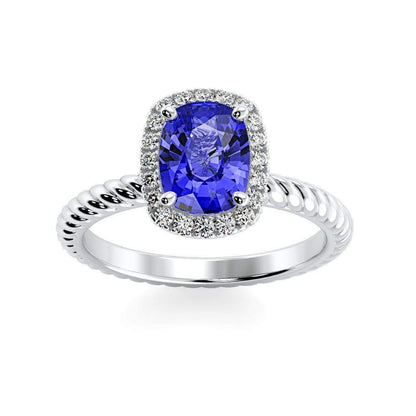 Gabriella Antique Cushion Chatham Blue Sapphire Halo Diamond Ring