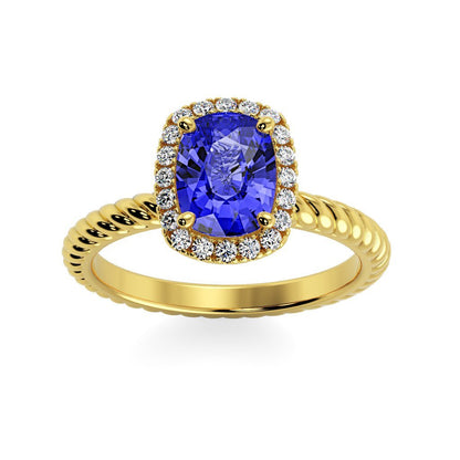 Gabriella Antique Cushion Chatham Blue Sapphire Halo Diamond Ring