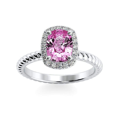Gabriella Antique Cushion Chatham Pink Sapphire Halo Diamond Ring