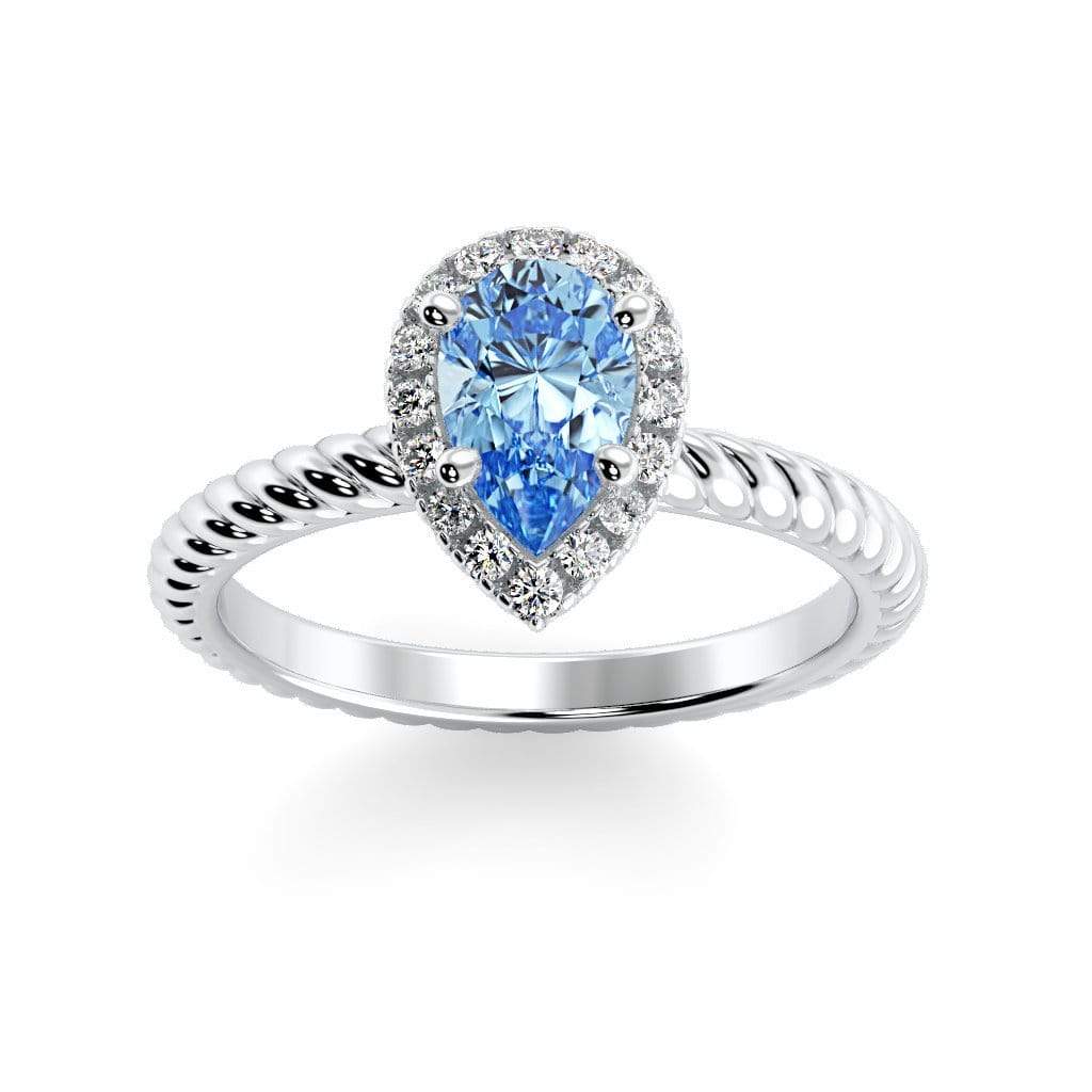 Kayla Pear Shape Chatham Aqua Blue Spinel Halo Diamond Ring