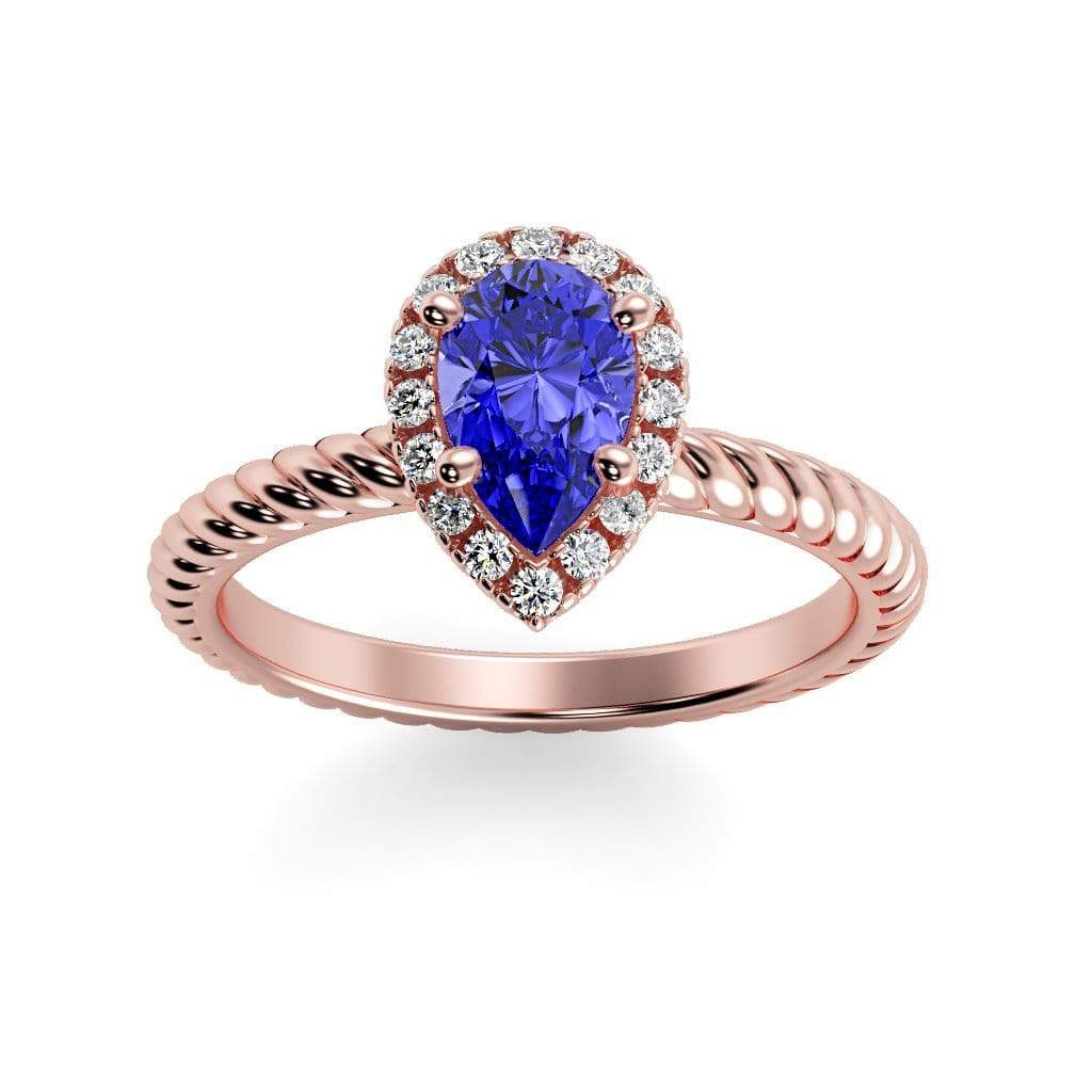 Kayla Pear Shape Chatham Blue Sapphire Halo Diamond Ring