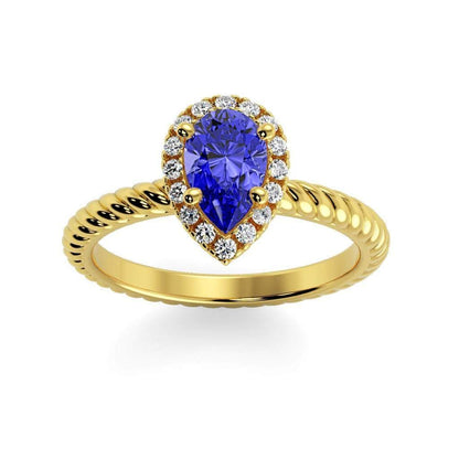 Kayla Pear Shape Chatham Blue Sapphire Halo Diamond Ring
