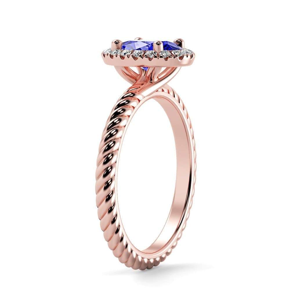 Kayla Pear Shape Chatham Blue Sapphire Halo Diamond Ring