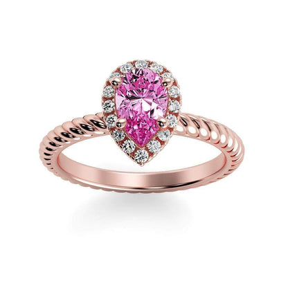 Kayla Pear Shape Chatham Pink Sapphire Halo Diamond Ring