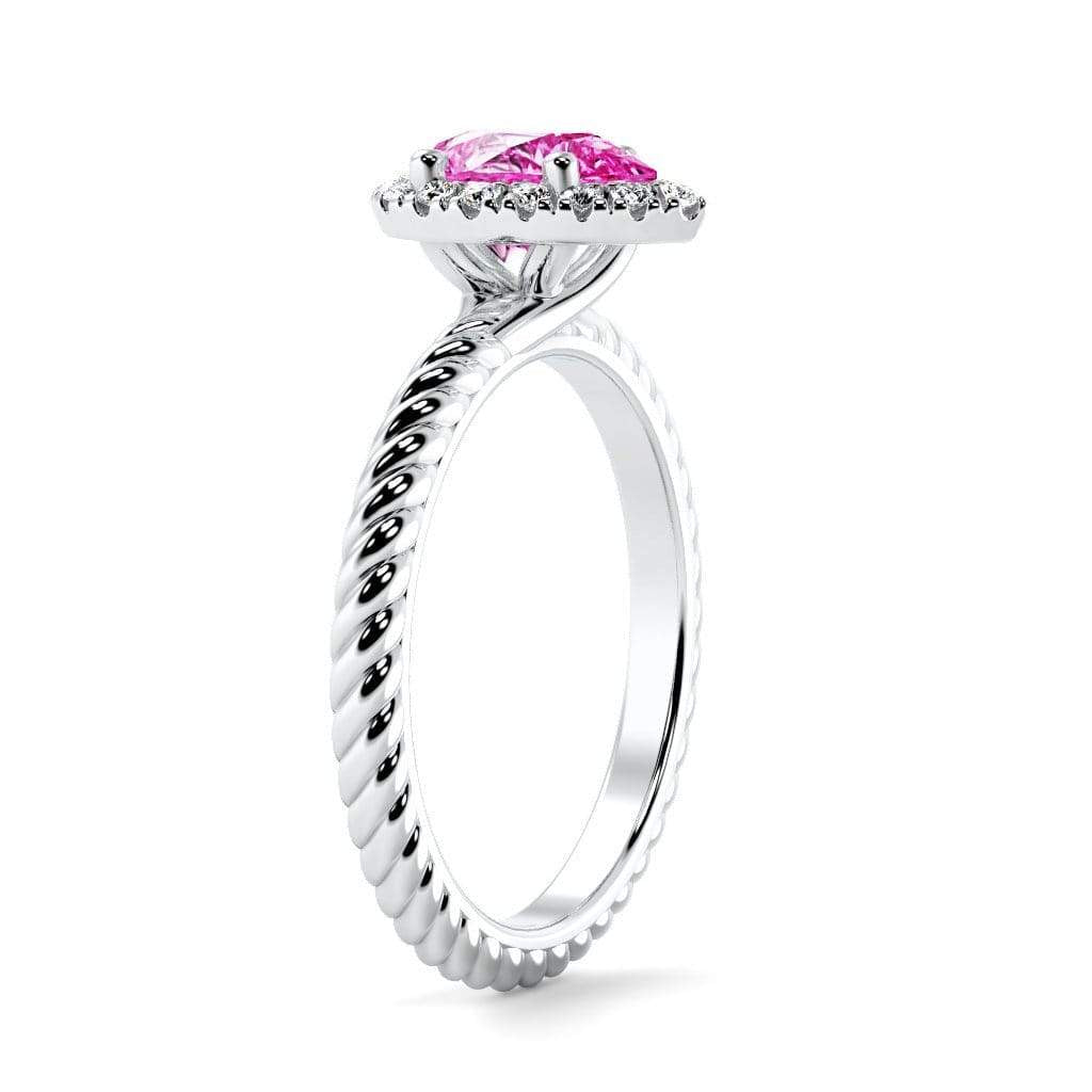 Kayla Pear Shape Chatham Pink Sapphire Halo Diamond Ring