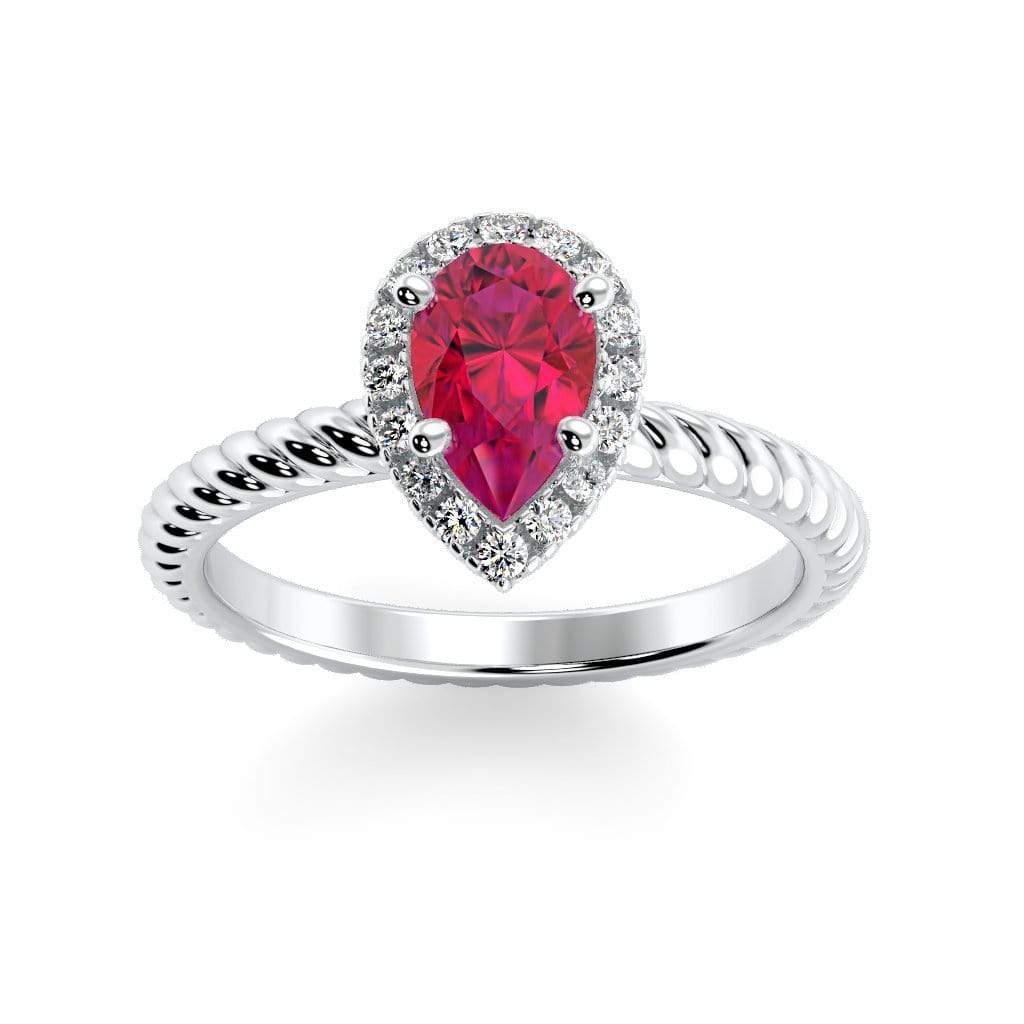 Kayla Pear Shape Chatham Ruby Halo Diamond Ring