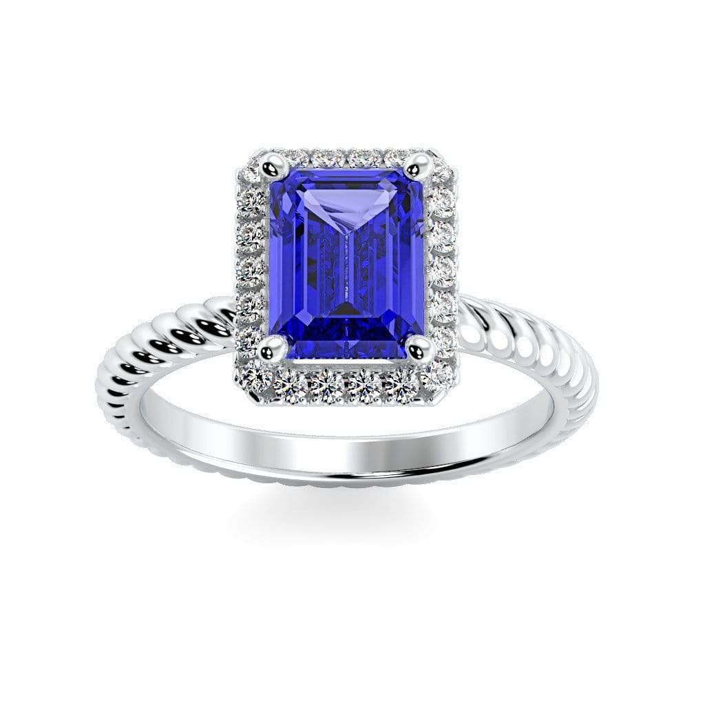 Lily Emerald Chatham Blue Sapphire Halo Diamond Ring