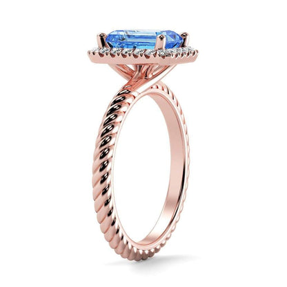 Lily Emerald Chatham Blue Sapphire Halo Diamond Ring