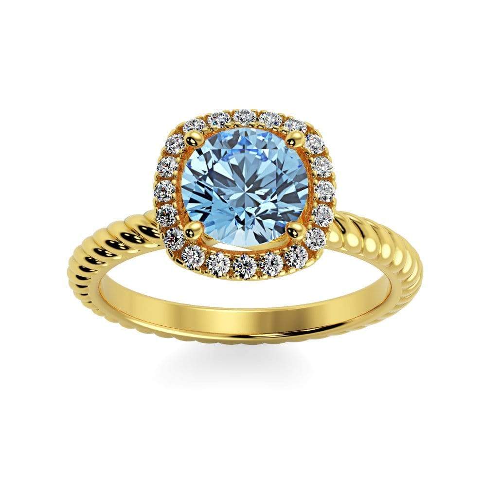 Penelope Round Chatham Aqua Blue Spinel Halo Diamond Ring