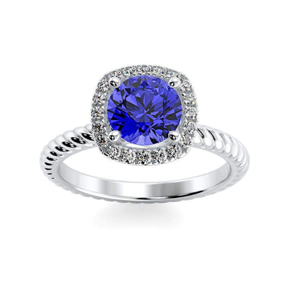 Penelope Round Chatham Blue Sapphire Halo Diamond Ring