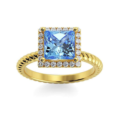 Sonja Princess Chatham Aqua Blue Spinel Halo Diamond Ring