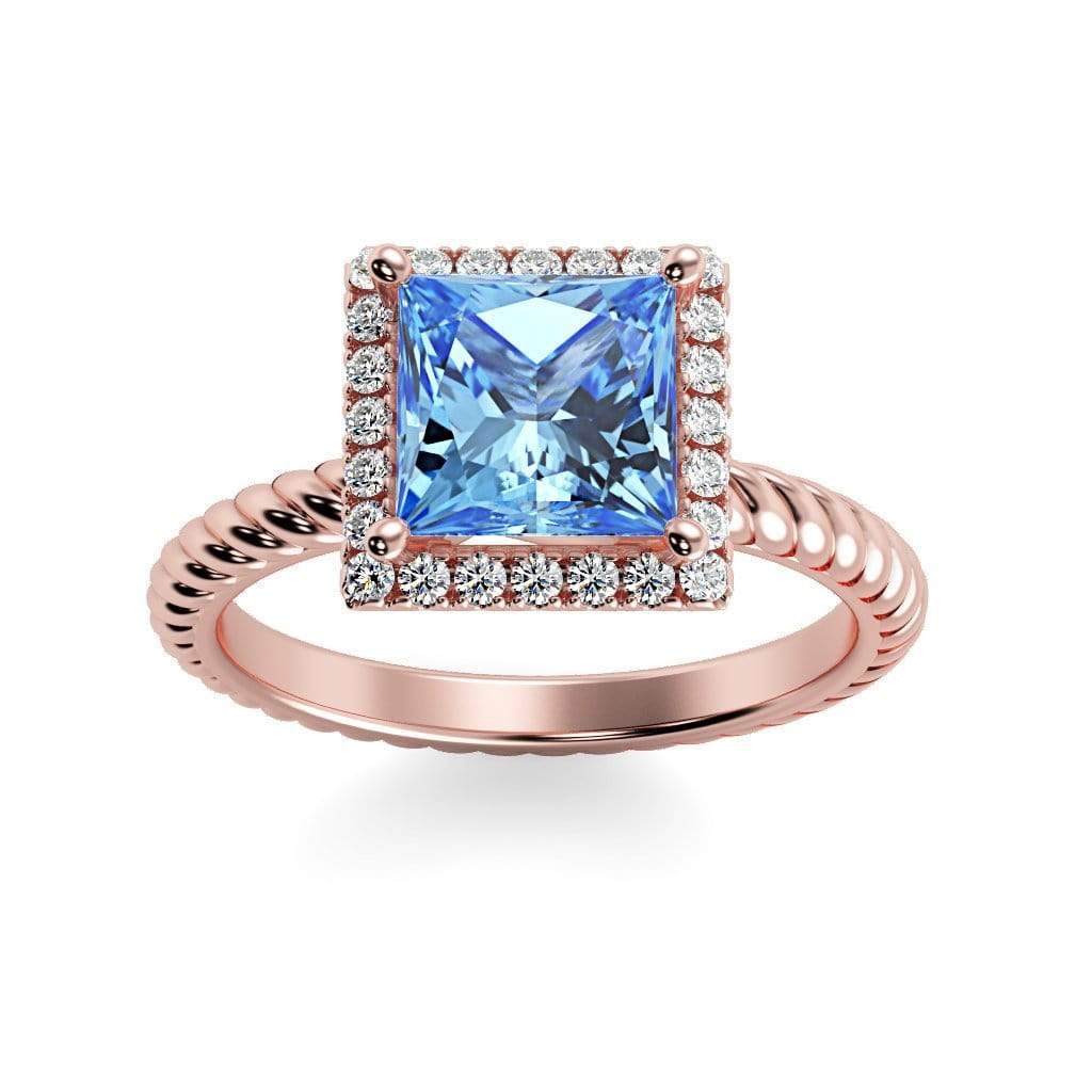 Sonja Princess Chatham Aqua Blue Spinel Halo Diamond Ring