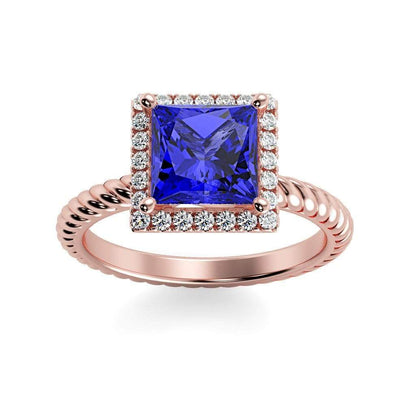 Sonja Princess Chatham Blue Sapphire Halo Diamond Ring