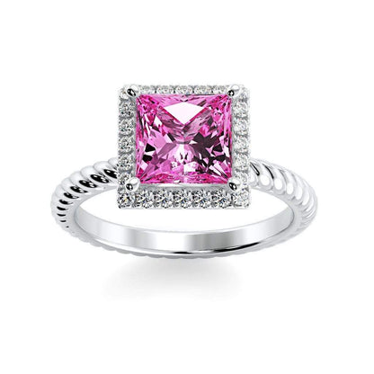 Sonja Princess Chatham Pink Sapphire Halo Diamond Ring