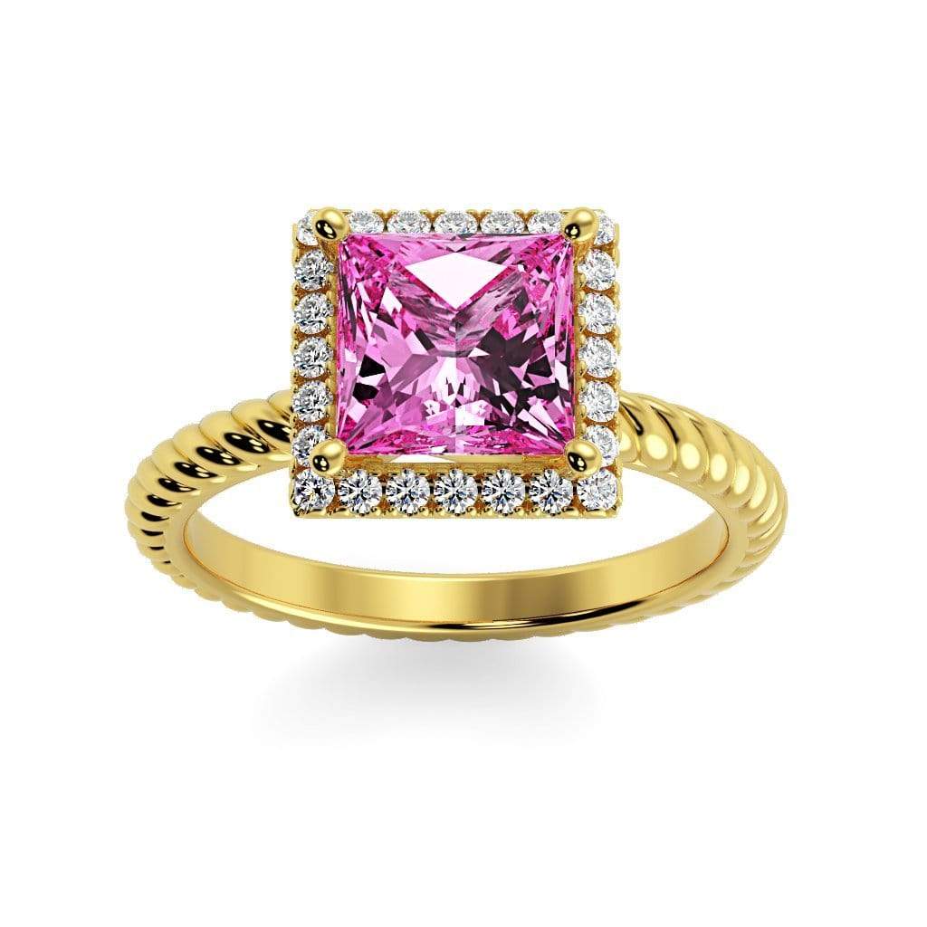 Sonja Princess Chatham Pink Sapphire Halo Diamond Ring