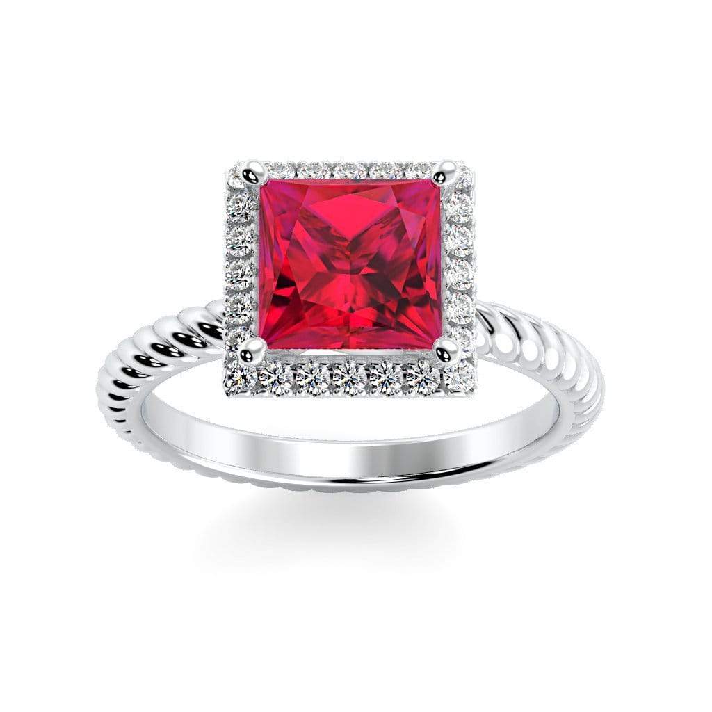 Sonja Princess Chatham Ruby Halo Diamond Ring