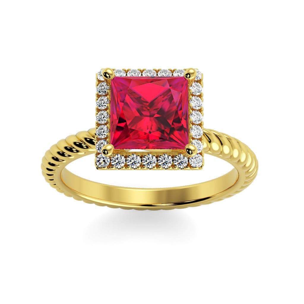 Sonja Princess Chatham Ruby Halo Diamond Ring